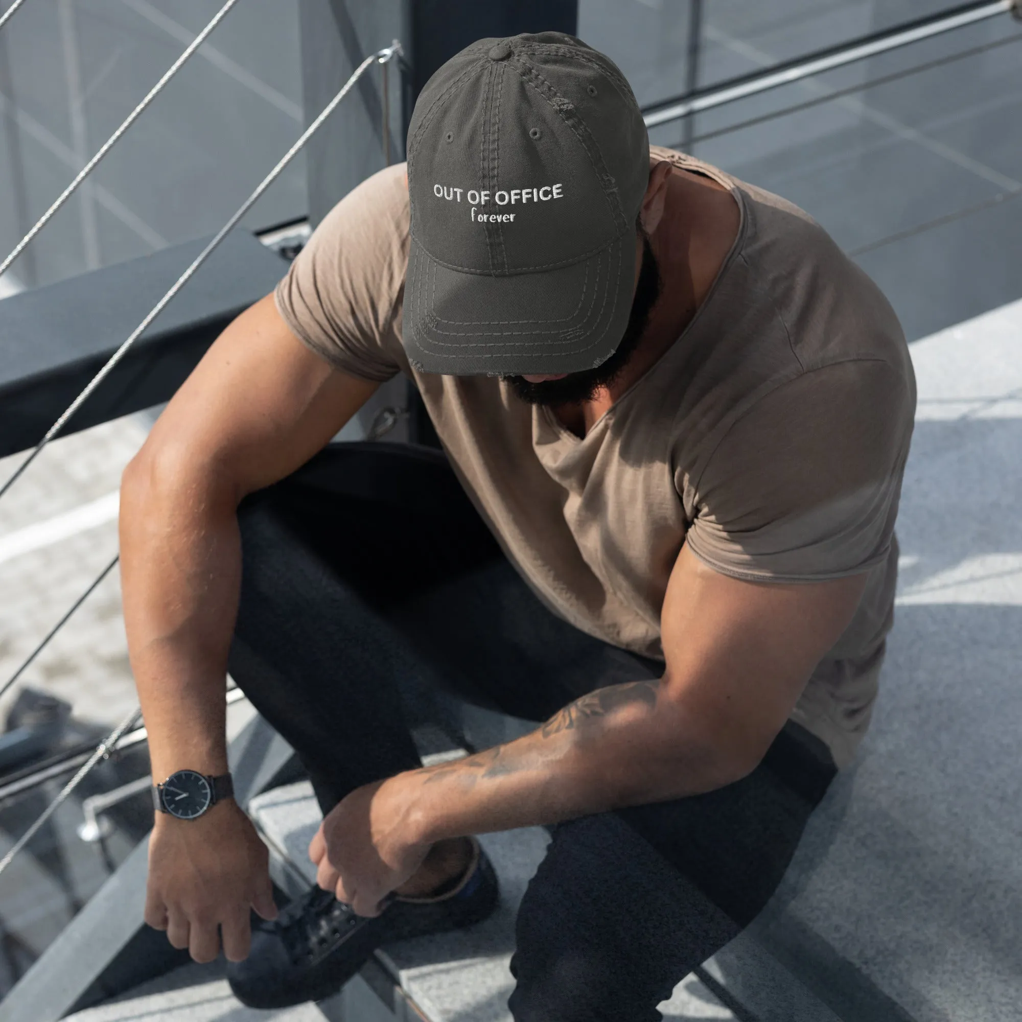 Stylish Distressed Embroidered Retirement Hat that States, OUT OF OFFICE forever