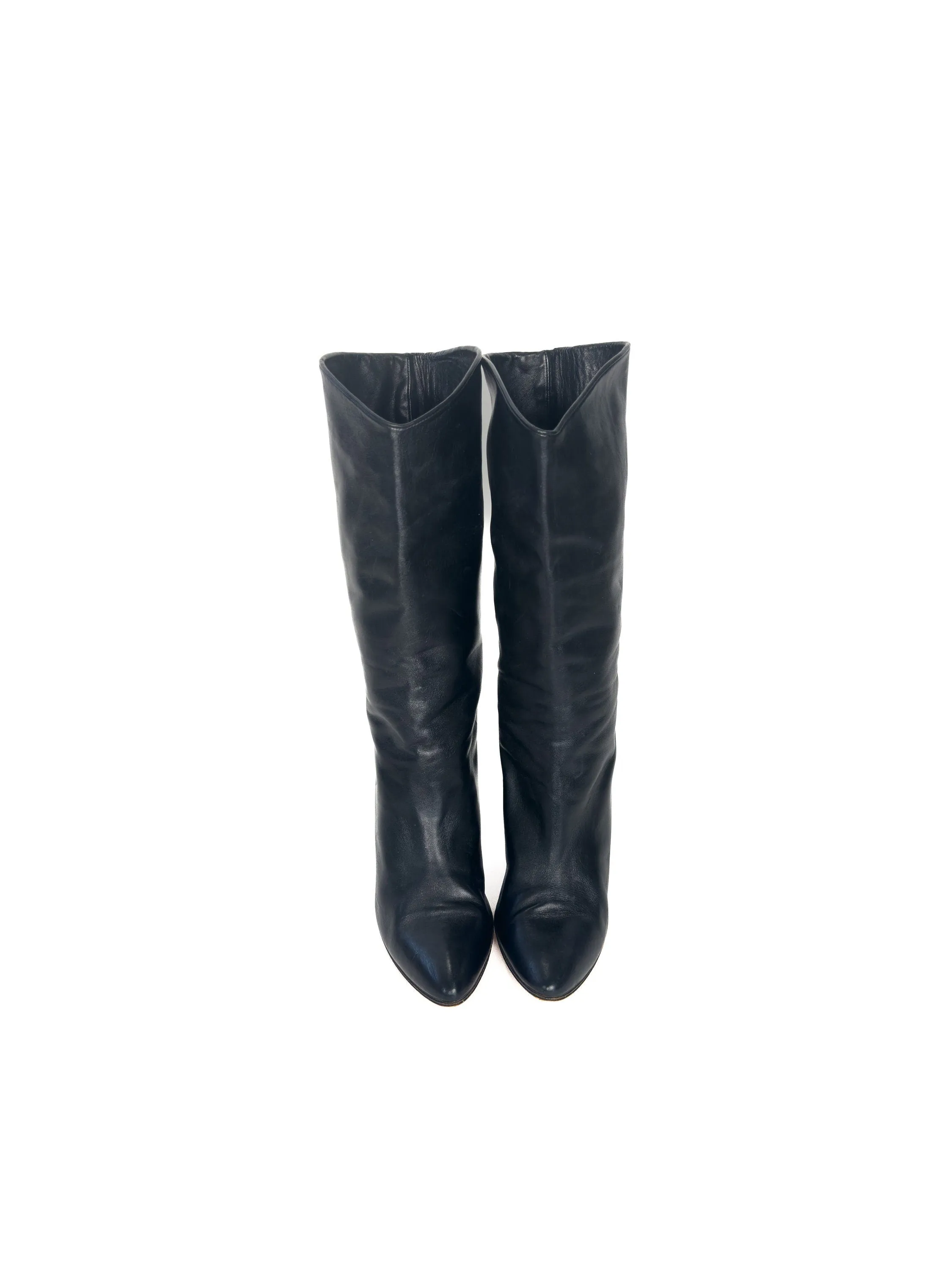 Tall Boots Size 8 Made in ITALY Black Leather Heeled Boots Designer Couture Booties Heels Sz. 8