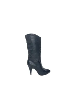 Tall Boots Size 8 Made in ITALY Black Leather Heeled Boots Designer Couture Booties Heels Sz. 8