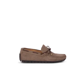 Taupe suede boat loafers