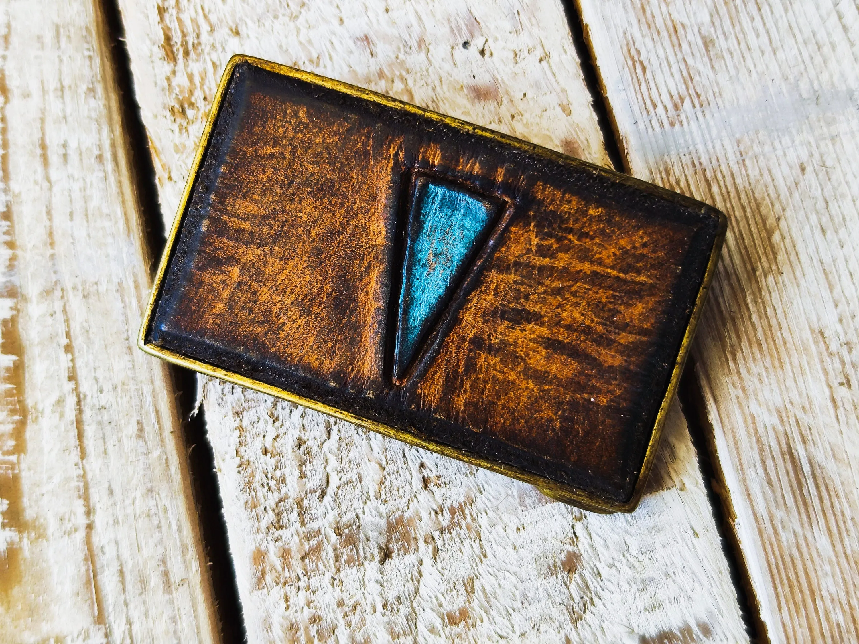 Unique Turquoise Geometric Belt Buckle - Brown Statement Accessory