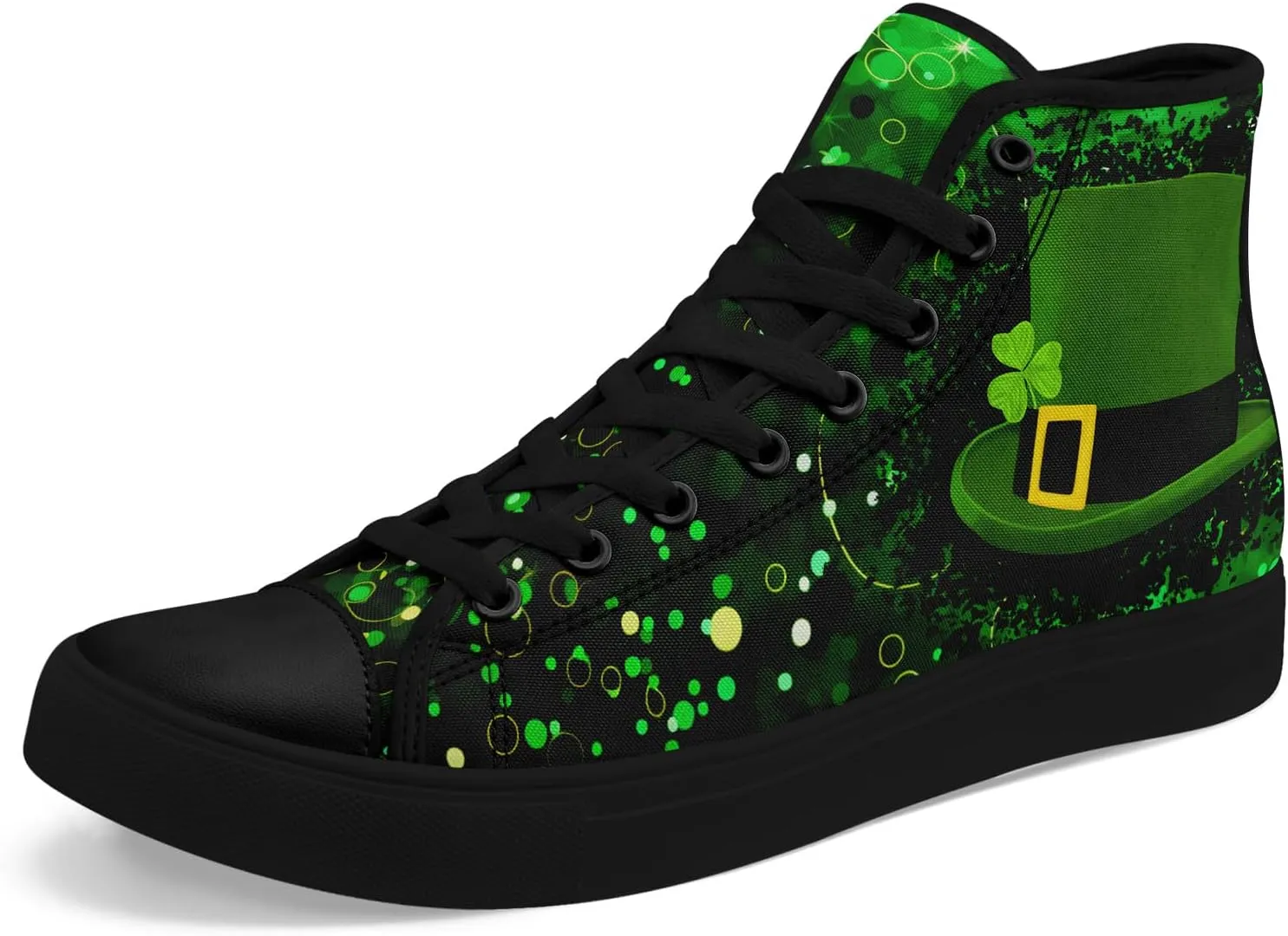 Unisex High-Top Canvas Sneakers – Green Lucky Design with Clover Hat, Comfortable and Stylish Canvas Casual Shoes for Men