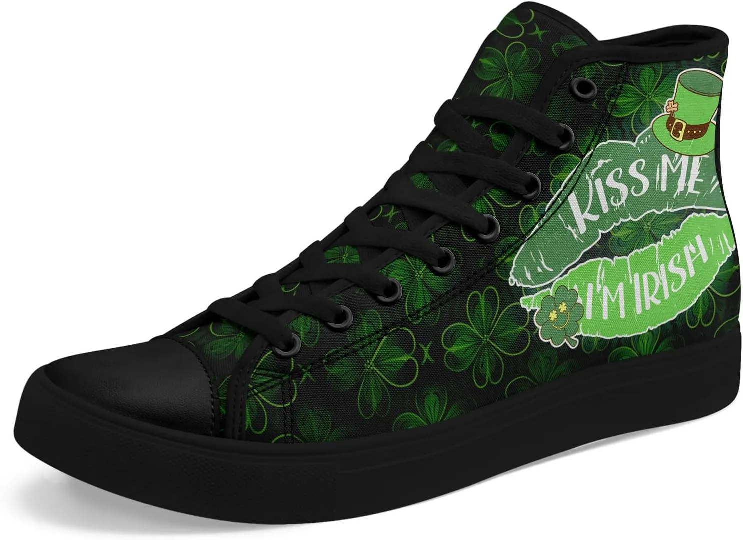 Unisex High-Top Canvas Sneakers – Green Lucky Design with Clover Hat, Comfortable and Stylish Canvas Casual Shoes for Men