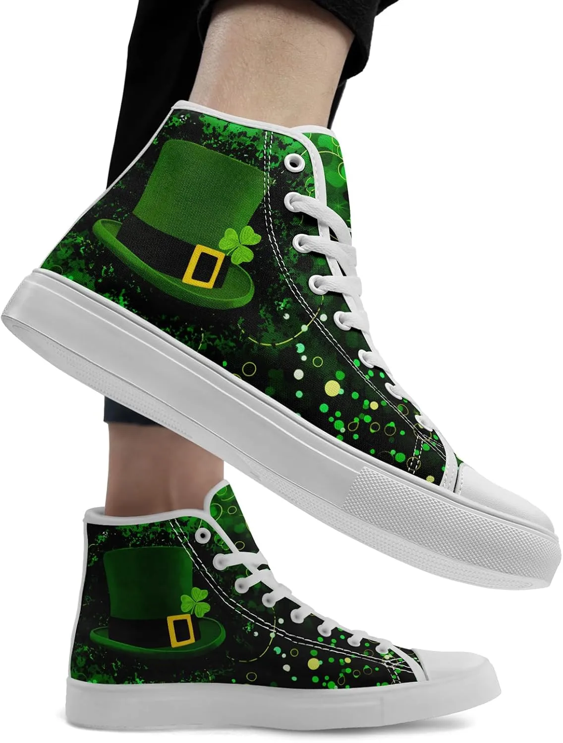 Unisex High-Top Canvas Sneakers – Green Lucky Design with Clover Hat, Comfortable and Stylish Canvas Casual Shoes for Men