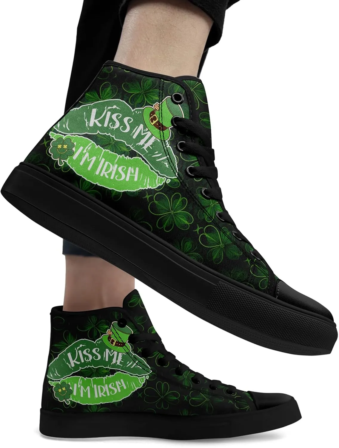 Unisex High-Top Canvas Sneakers – Green Lucky Design with Clover Hat, Comfortable and Stylish Canvas Casual Shoes for Men
