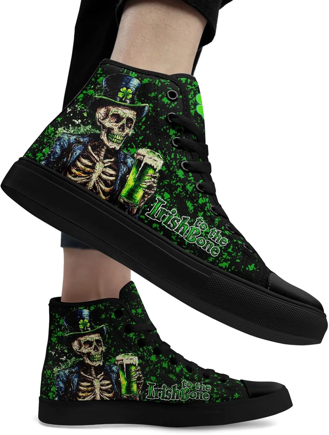 Unisex High-Top Canvas Sneakers – Green Lucky Design with Clover Hat, Comfortable and Stylish Canvas Casual Shoes for Men