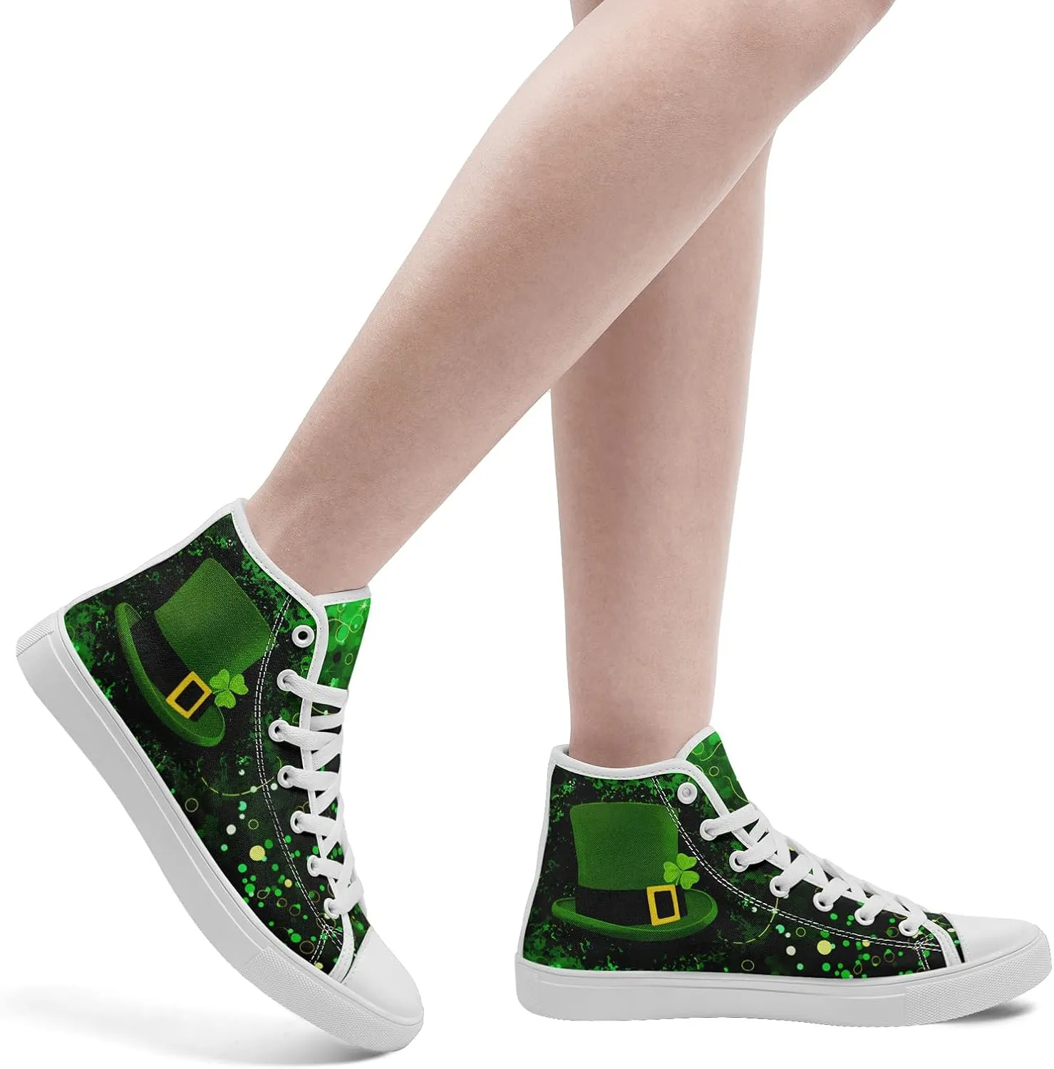 Unisex High-Top Canvas Sneakers – Green Lucky Design with Clover Hat, Comfortable and Stylish Canvas Casual Shoes for Men