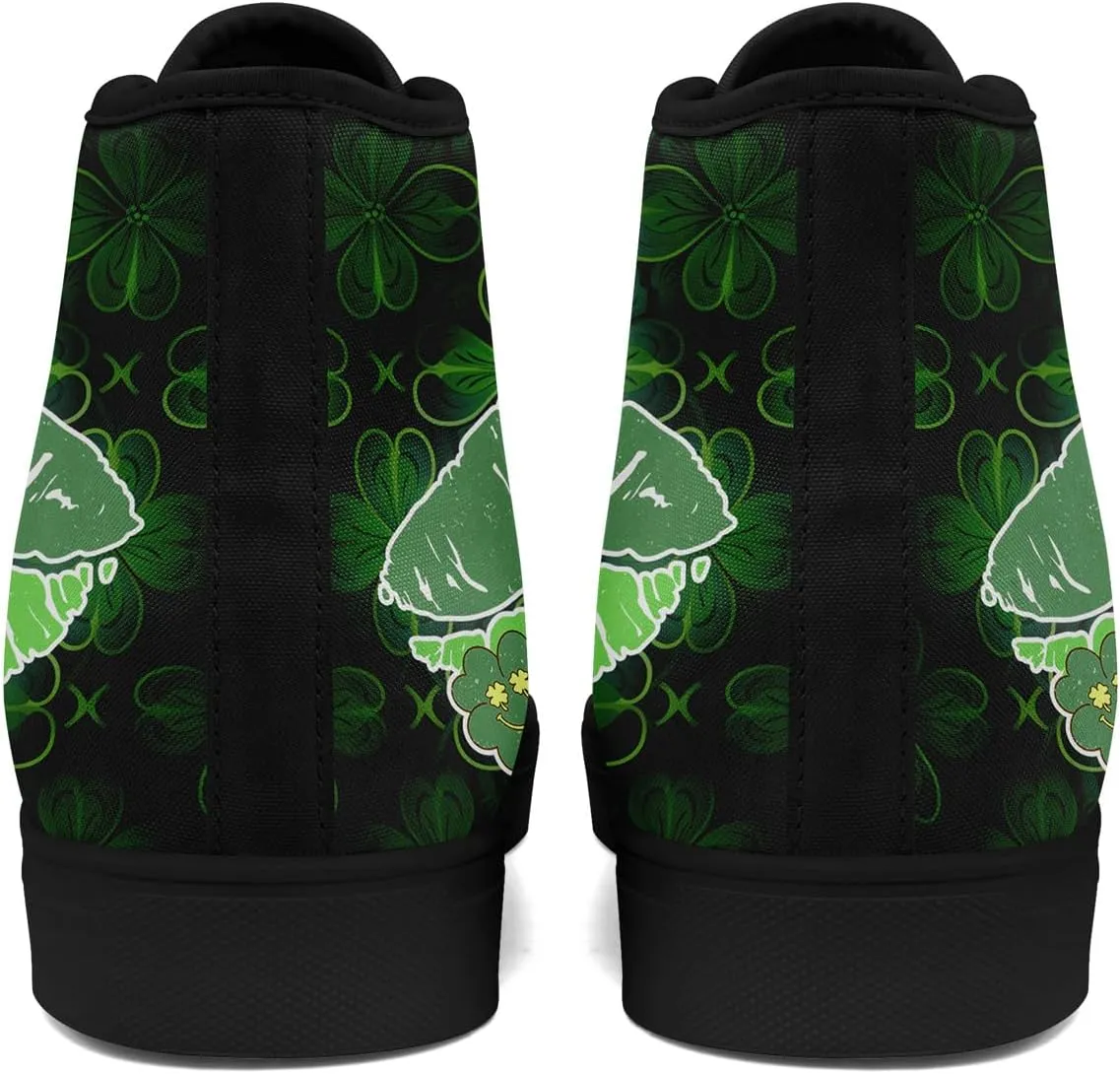 Unisex High-Top Canvas Sneakers – Green Lucky Design with Clover Hat, Comfortable and Stylish Canvas Casual Shoes for Men
