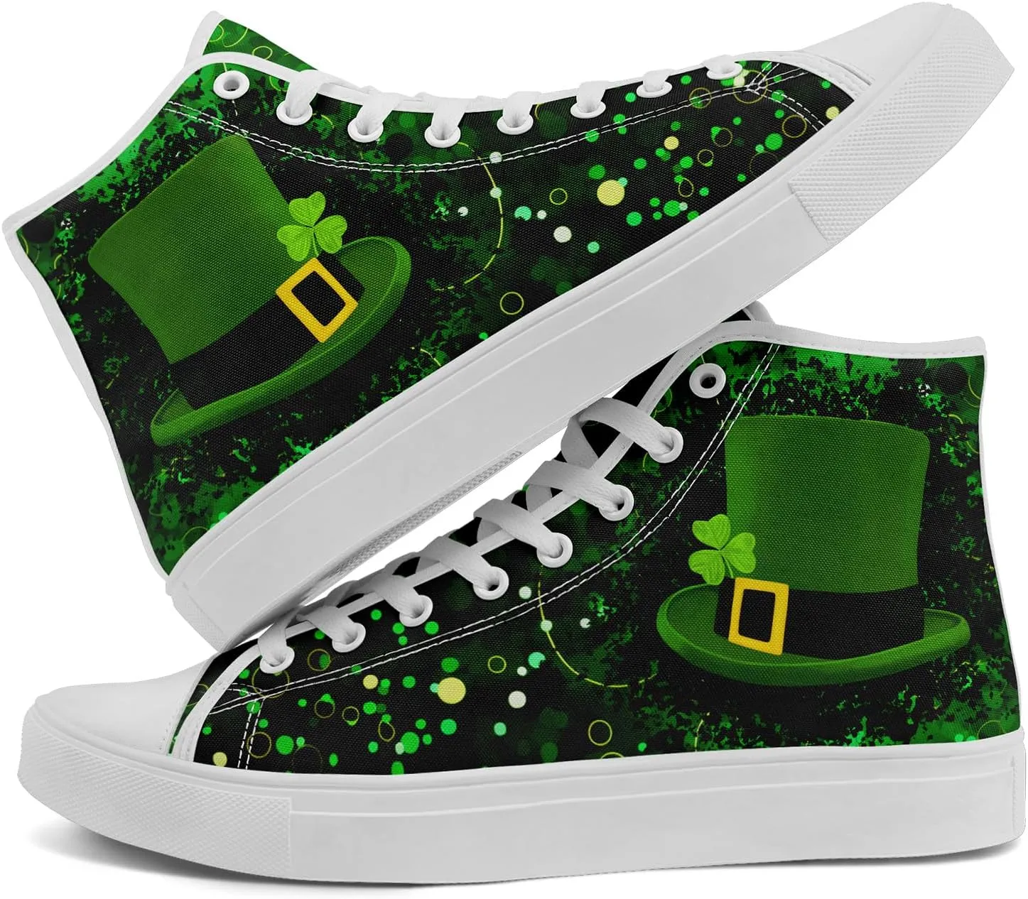 Unisex High-Top Canvas Sneakers – Green Lucky Design with Clover Hat, Comfortable and Stylish Canvas Casual Shoes for Men