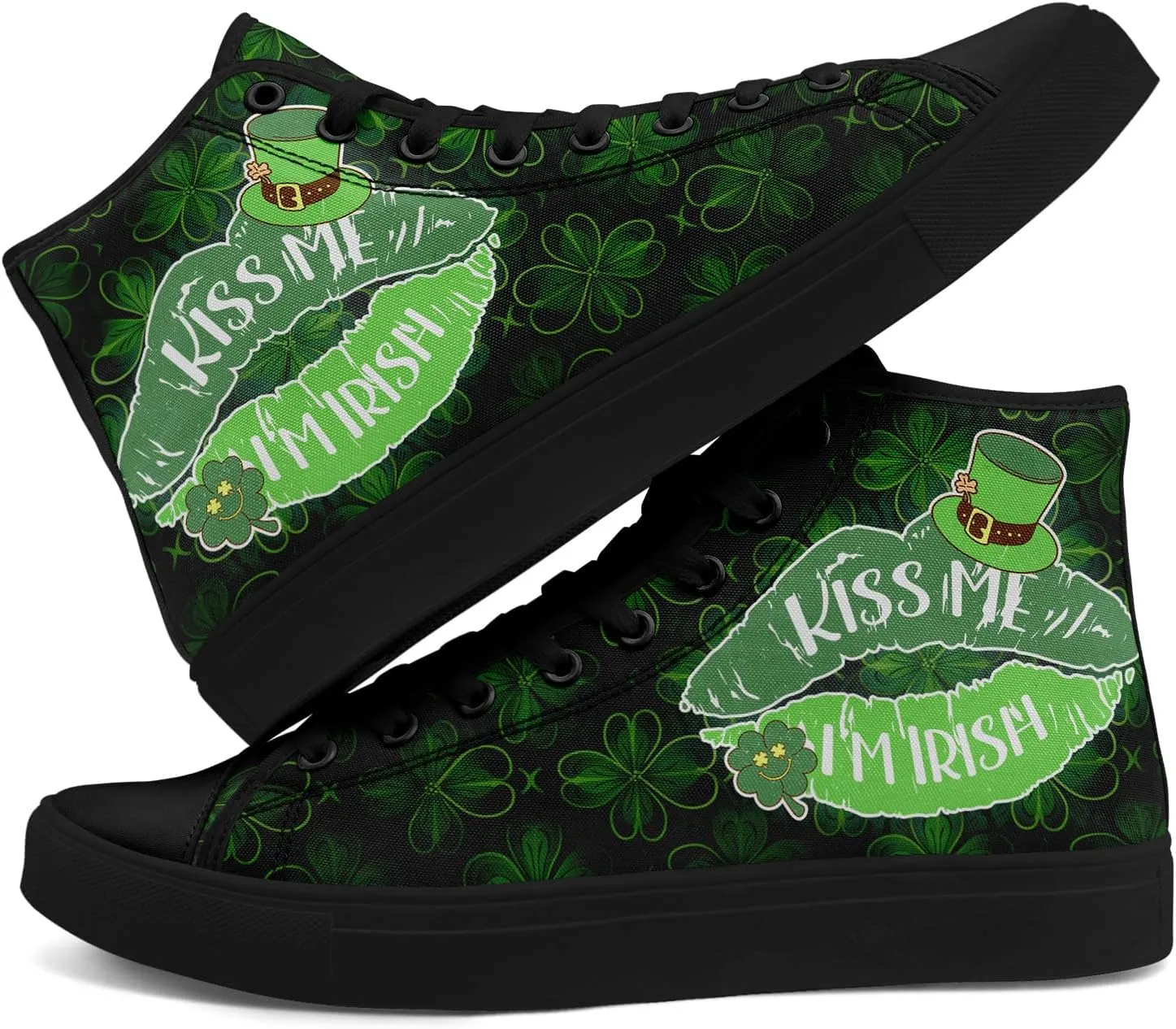 Unisex High-Top Canvas Sneakers – Green Lucky Design with Clover Hat, Comfortable and Stylish Canvas Casual Shoes for Men