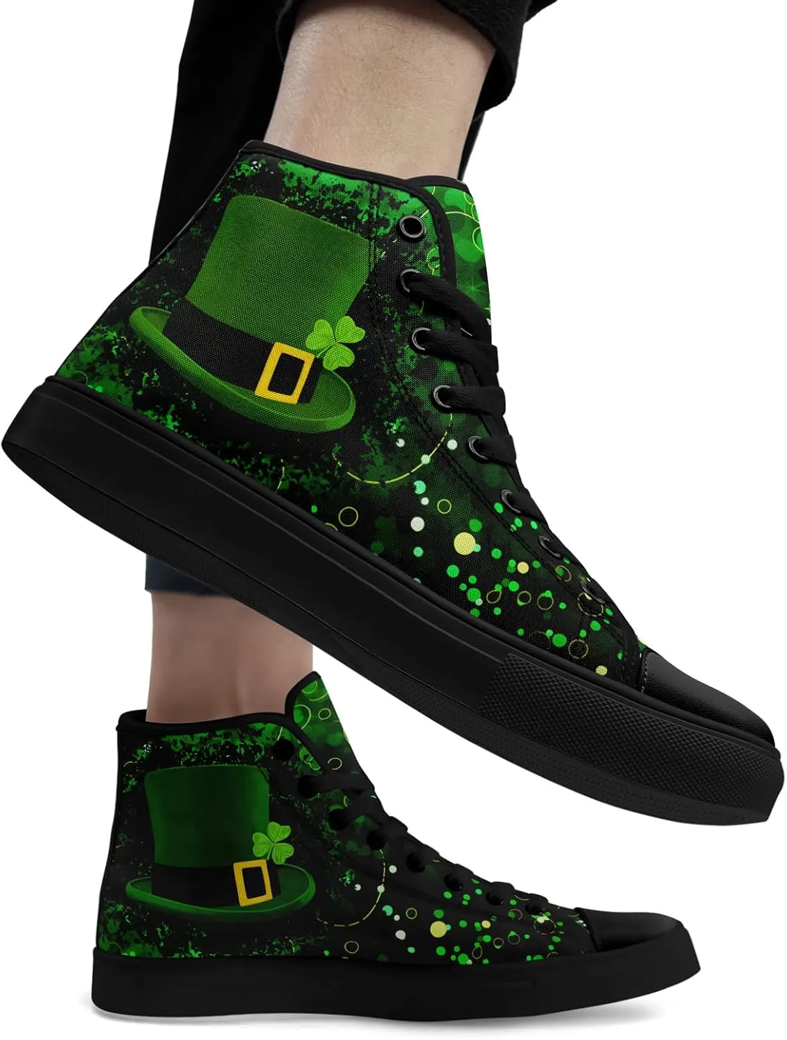 Unisex High-Top Canvas Sneakers – Green Lucky Design with Clover Hat, Comfortable and Stylish Canvas Casual Shoes for Men