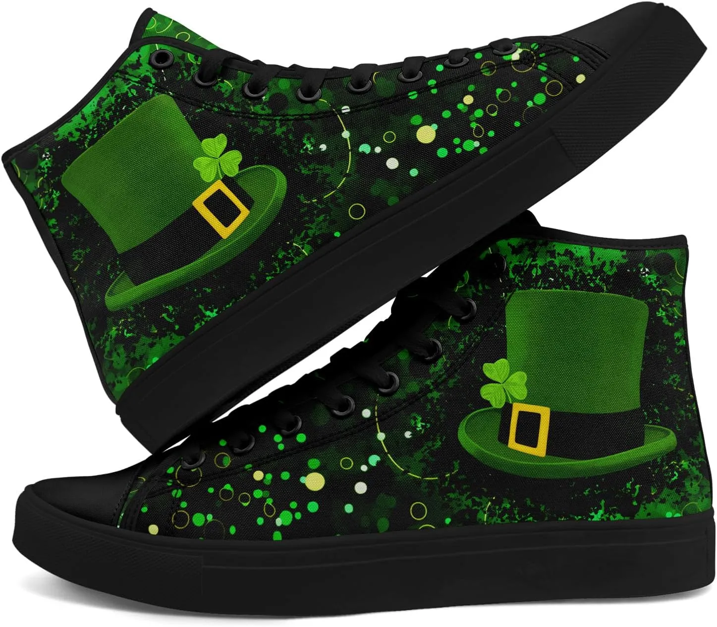 Unisex High-Top Canvas Sneakers – Green Lucky Design with Clover Hat, Comfortable and Stylish Canvas Casual Shoes for Men
