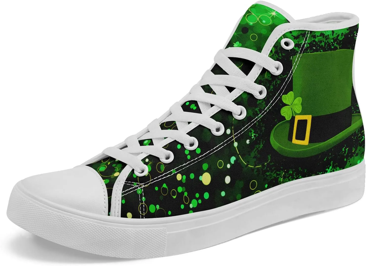 Unisex High-Top Canvas Sneakers – Green Lucky Design with Clover Hat, Comfortable and Stylish Canvas Casual Shoes for Men