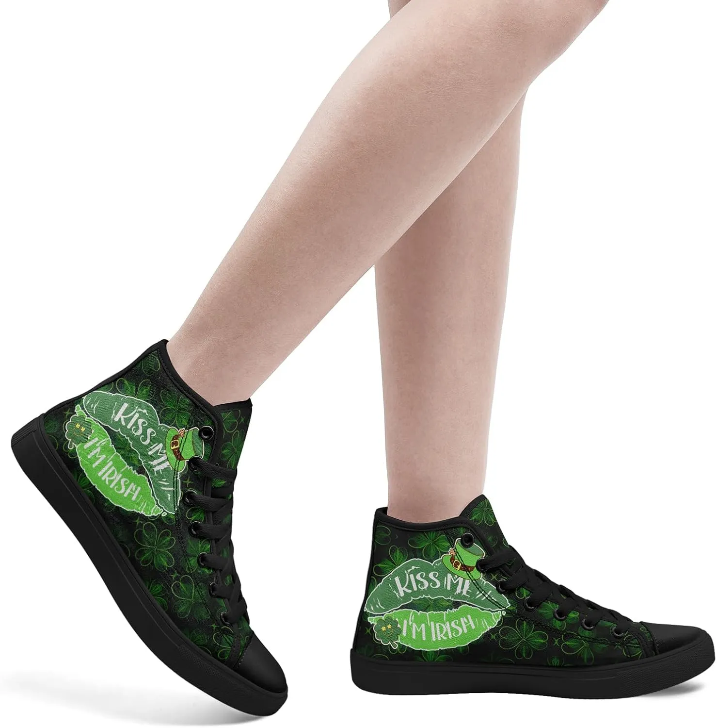 Unisex High-Top Canvas Sneakers – Green Lucky Design with Clover Hat, Comfortable and Stylish Canvas Casual Shoes for Men