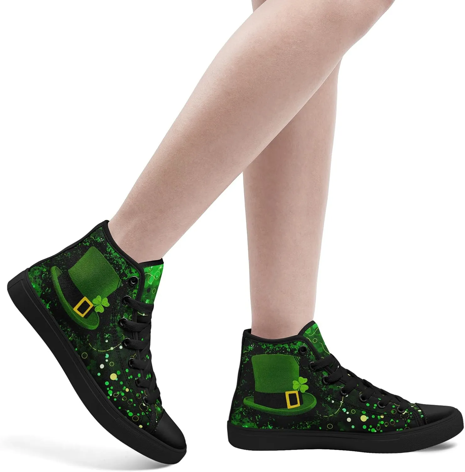 Unisex High-Top Canvas Sneakers – Green Lucky Design with Clover Hat, Comfortable and Stylish Canvas Casual Shoes for Men
