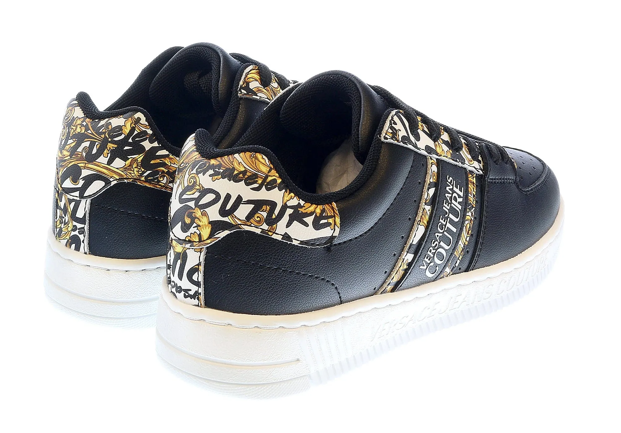 Versace Jeans Couture Black Gold Baroque Detail Lace Up Fashion Court Sneakers-