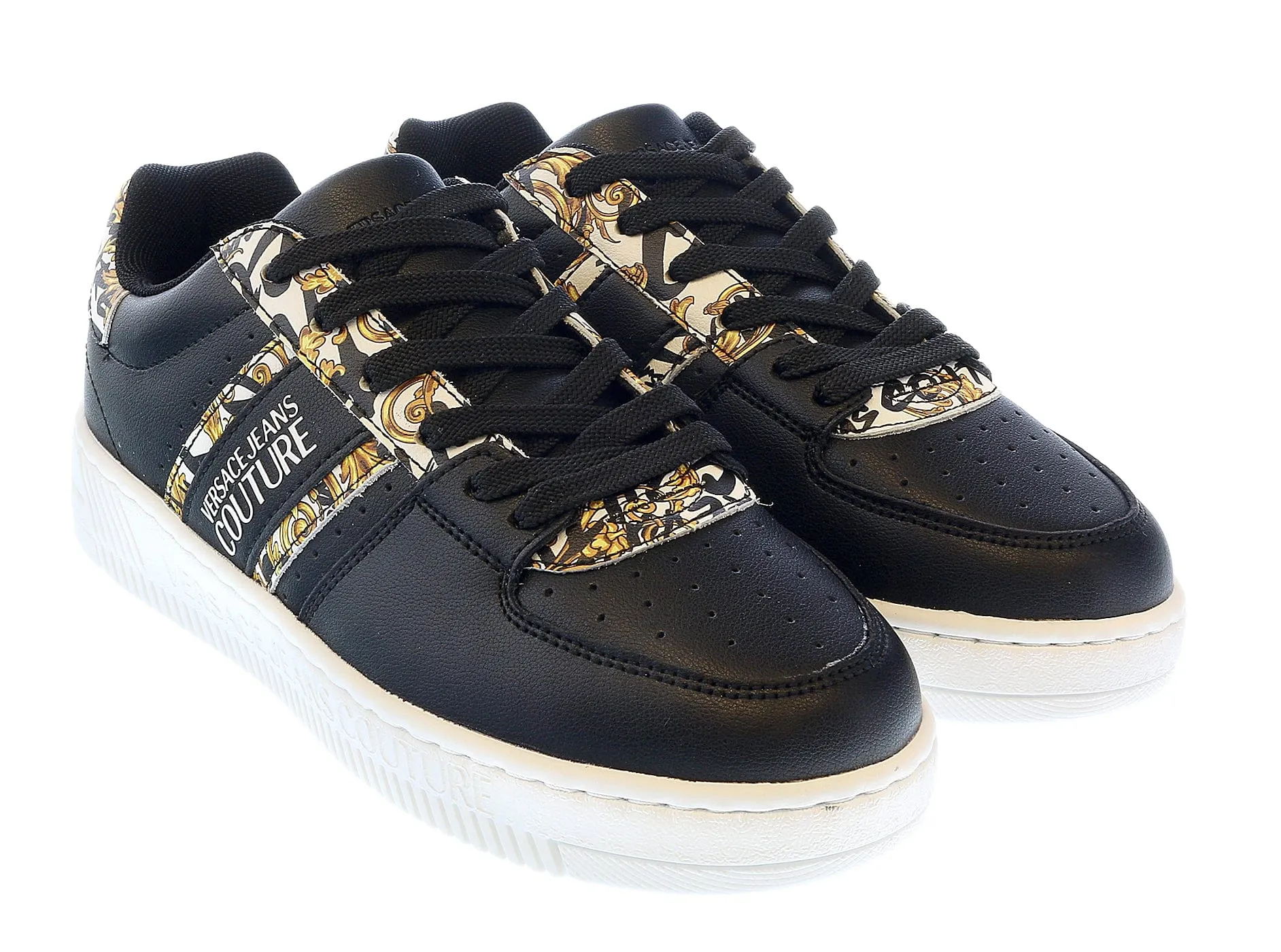 Versace Jeans Couture Black Gold Baroque Detail Lace Up Fashion Court Sneakers-