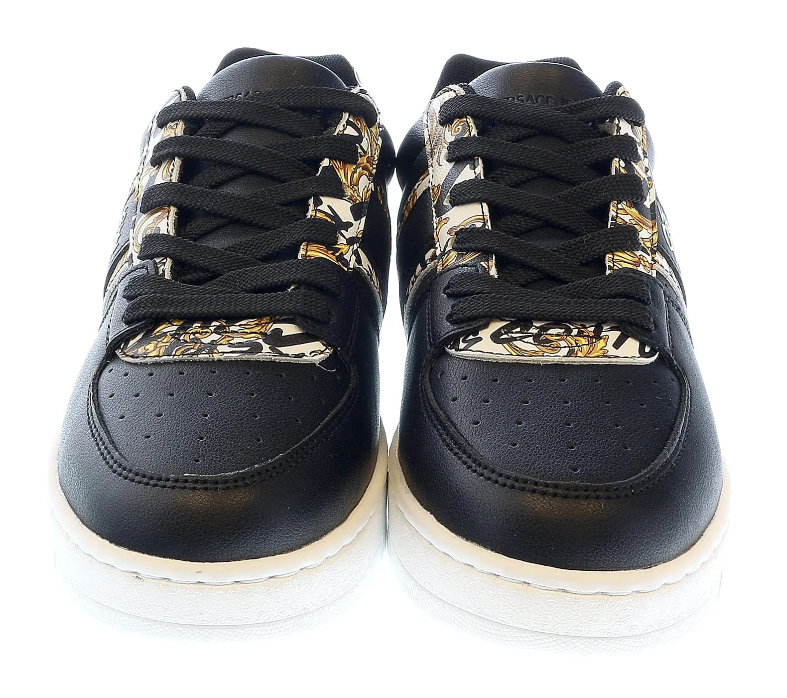 Versace Jeans Couture Black Gold Baroque Detail Lace Up Fashion Court Sneakers-