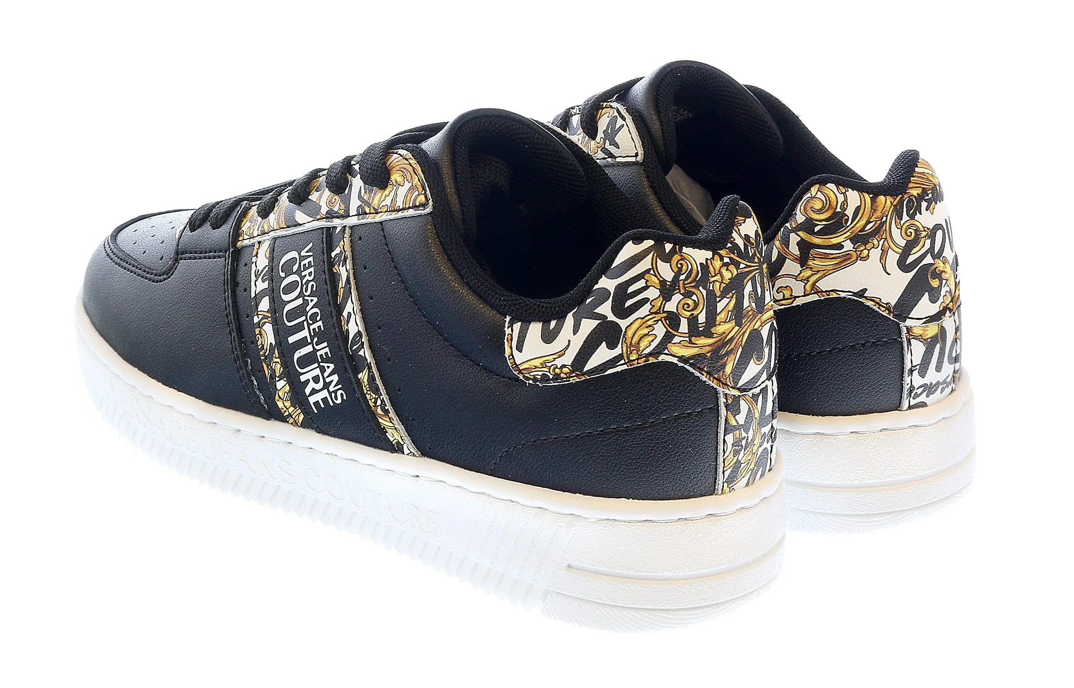Versace Jeans Couture Black Gold Baroque Detail Lace Up Fashion Court Sneakers-