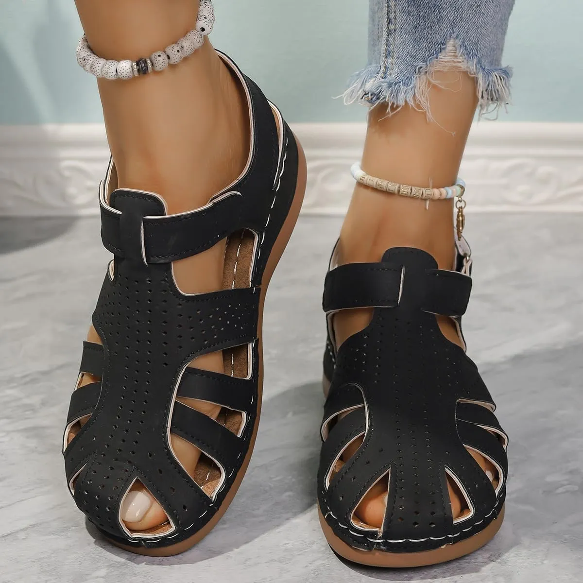 Wedge Orthopedic Sandals for Women Comfortable Closed Toe Summer Sandals Comfortable Hollow Out Sandal with Arch Support