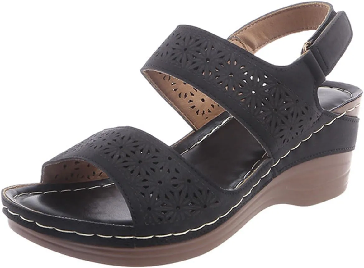 Womens Comfortable Open Toe Crisscross Straps Slip on Wedge Sandals Orthopedic Comfortable Dressy Wedges Sandal Walking Casual Beach Low Slingback Retro with Adjustable Hook Loop