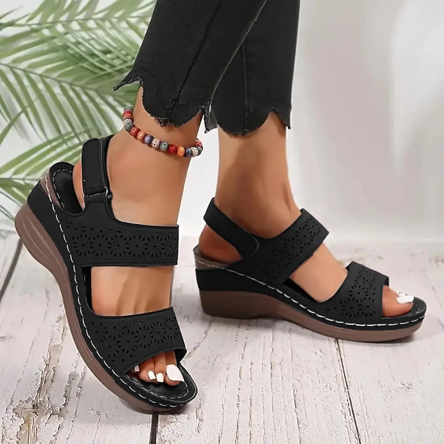 Womens Comfortable Open Toe Crisscross Straps Slip on Wedge Sandals Orthopedic Comfortable Dressy Wedges Sandal Walking Casual Beach Low Slingback Retro with Adjustable Hook Loop