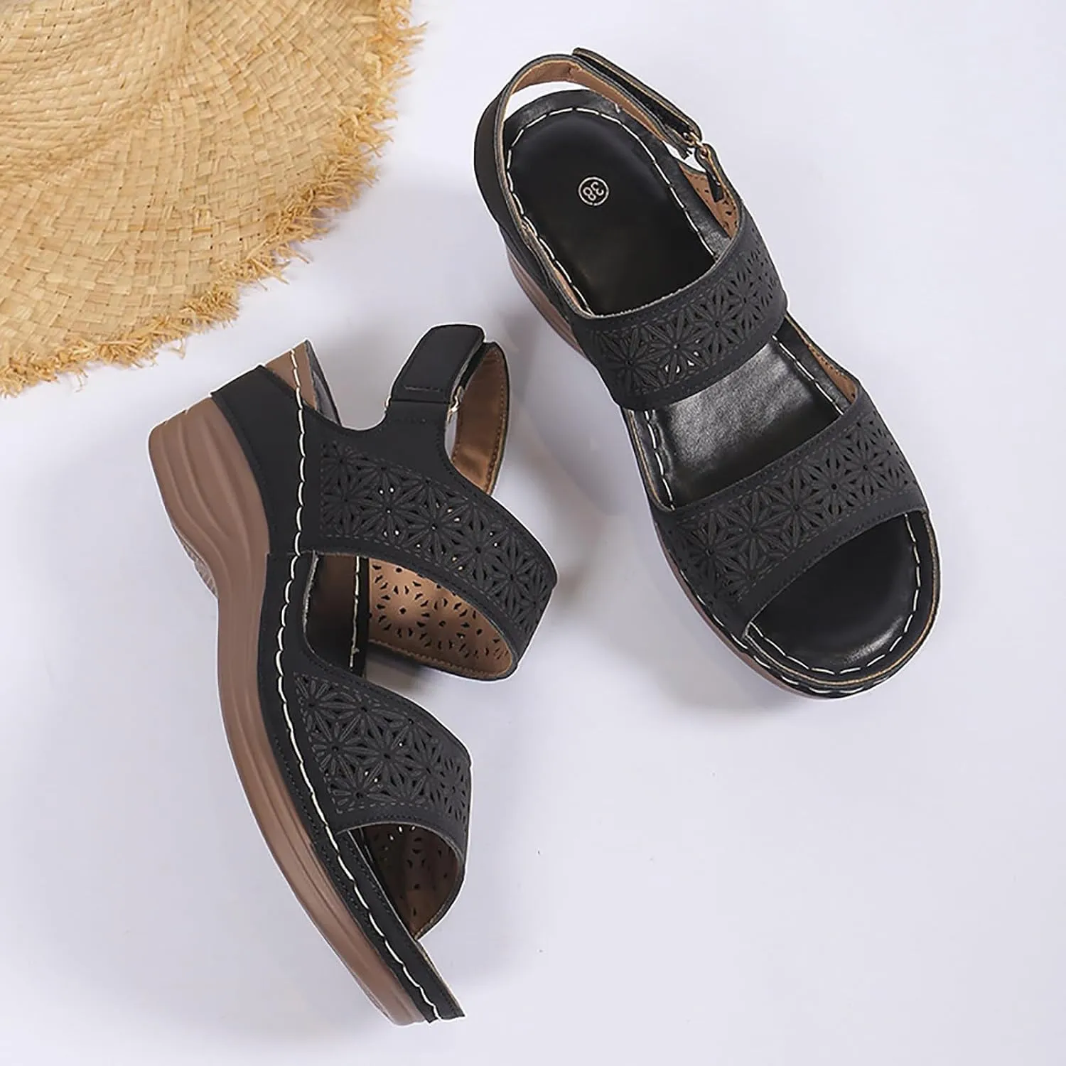 Womens Comfortable Open Toe Crisscross Straps Slip on Wedge Sandals Orthopedic Comfortable Dressy Wedges Sandal Walking Casual Beach Low Slingback Retro with Adjustable Hook Loop