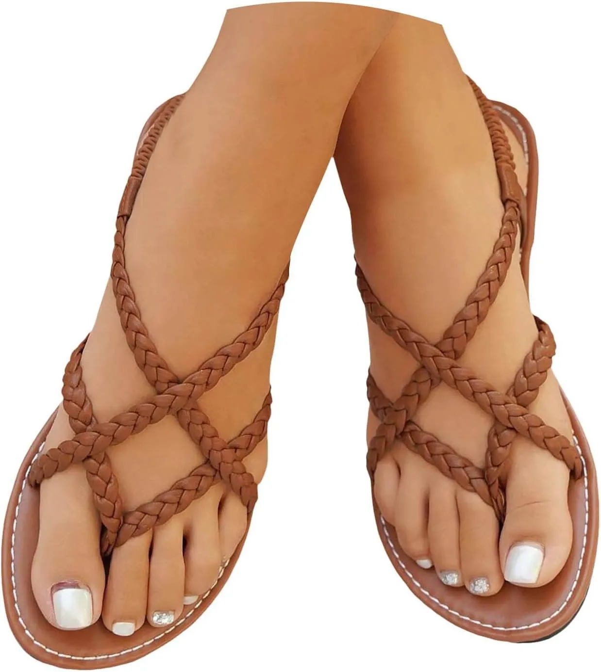 Women'S Dressy Flat Sandals Comfortable Slip On Leather Slide Open Toe Ankle Strap Flip Flops Sandals Summer Casual Comfortable Elastic Ankle Strap Beach Shoes
