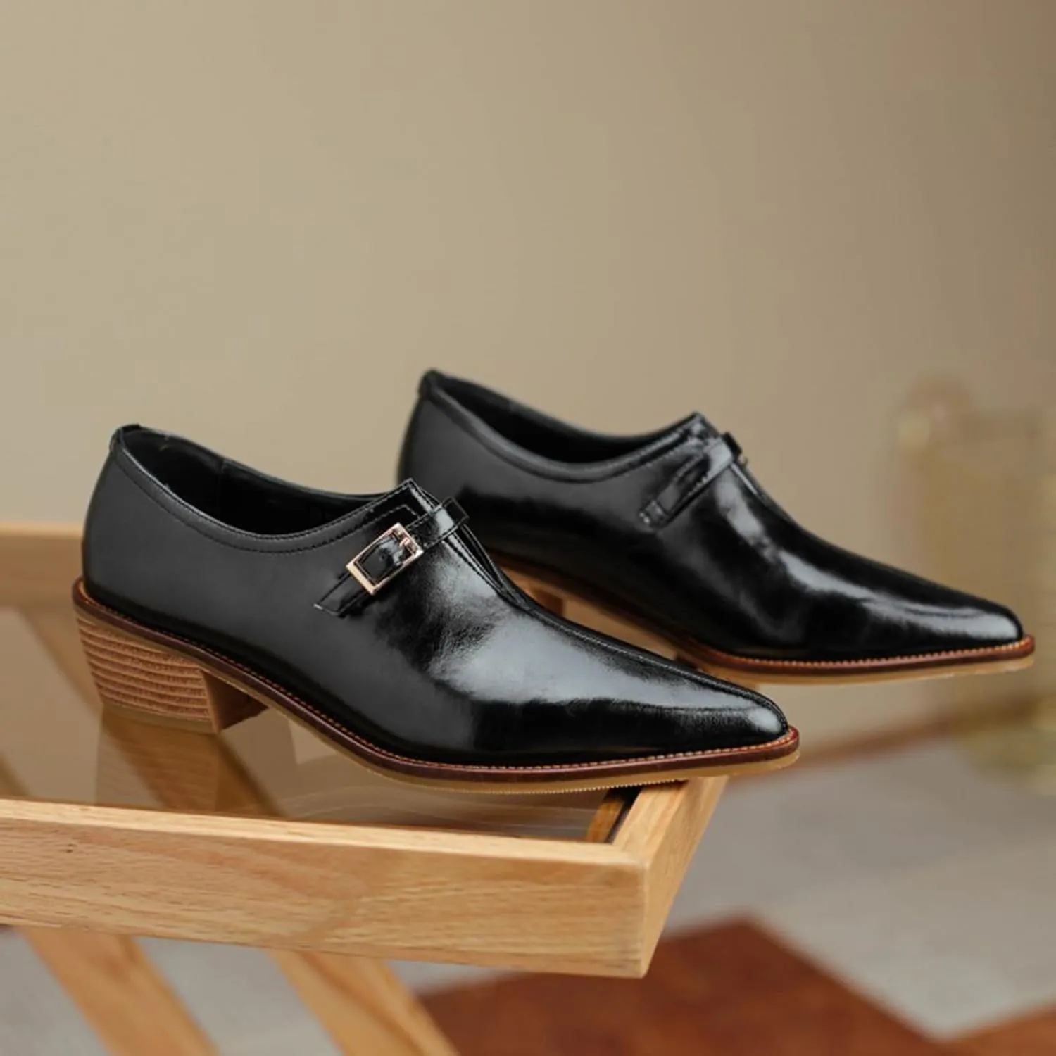 Women'S Fashion Leather Chunky Block Stacked Heel Ankle Boots With Belt Buckles, Elegant Closed Pointed Toe Casual Dress Loafers Office Formal Business Pumps.