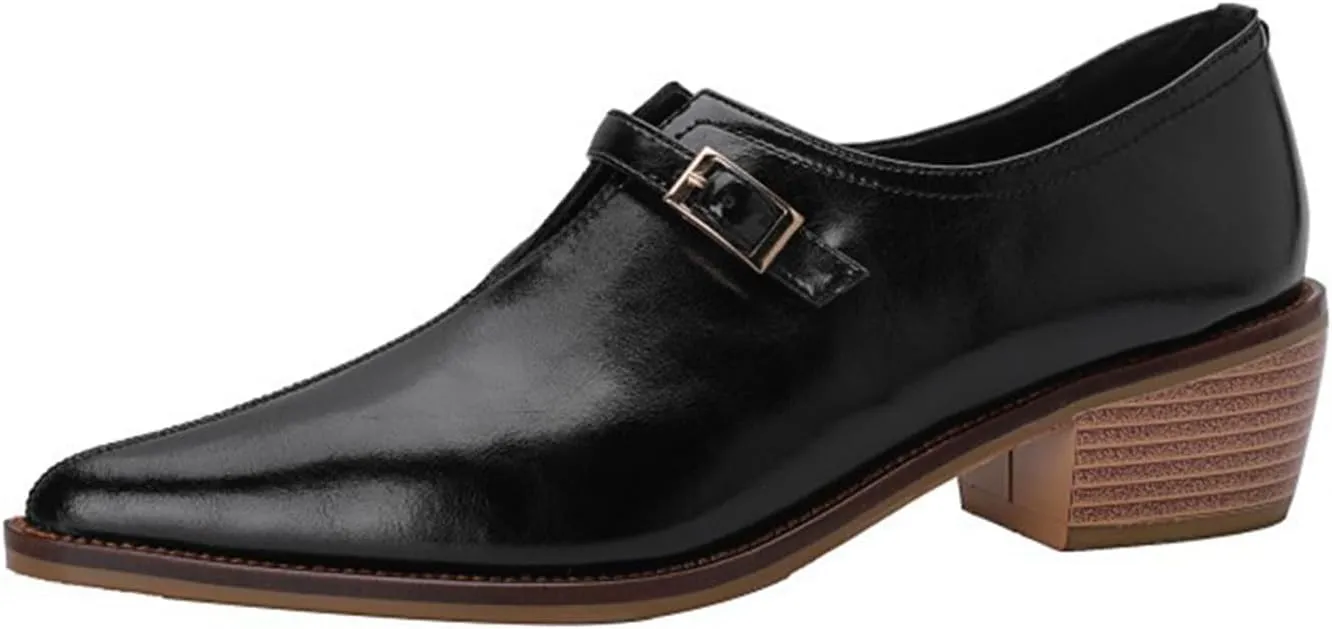 Women'S Fashion Leather Chunky Block Stacked Heel Ankle Boots With Belt Buckles, Elegant Closed Pointed Toe Casual Dress Loafers Office Formal Business Pumps.