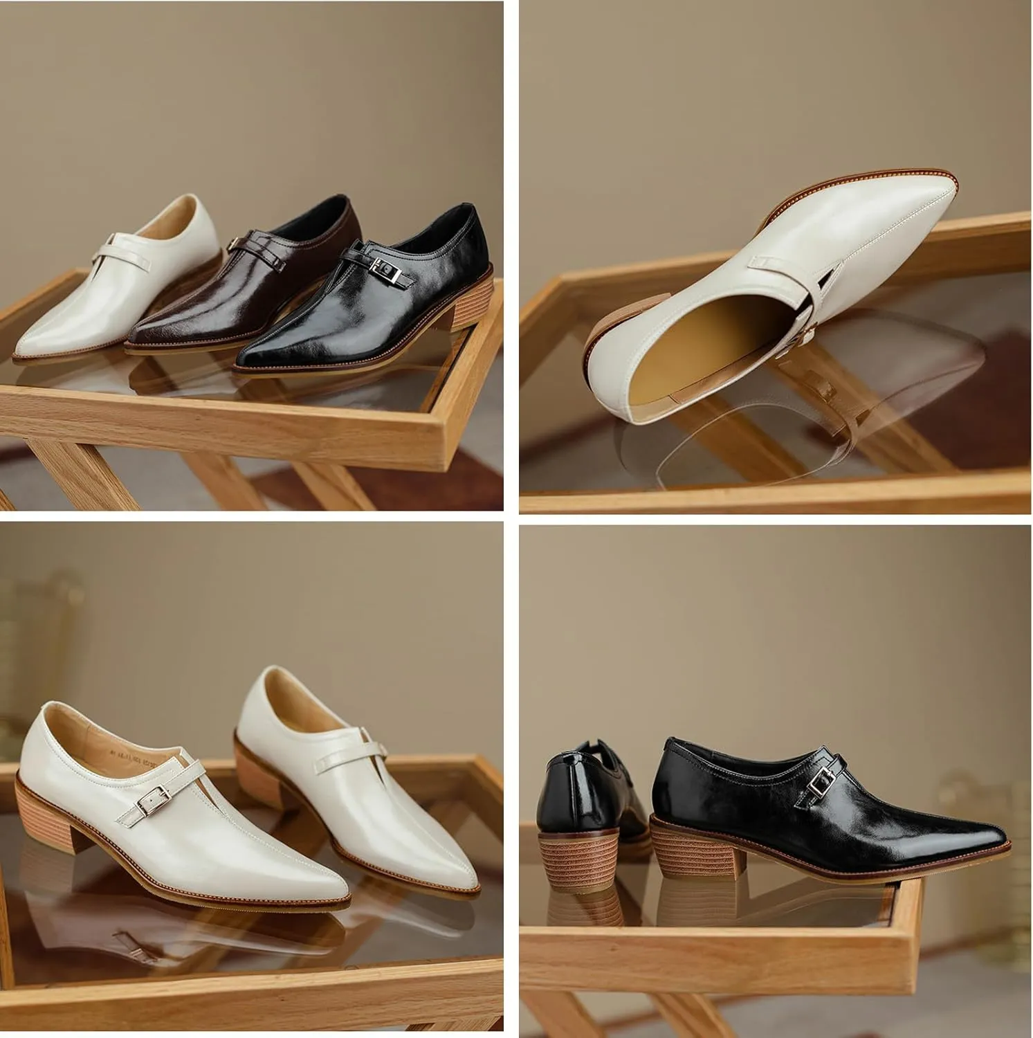 Women'S Fashion Leather Chunky Block Stacked Heel Ankle Boots With Belt Buckles, Elegant Closed Pointed Toe Casual Dress Loafers Office Formal Business Pumps.