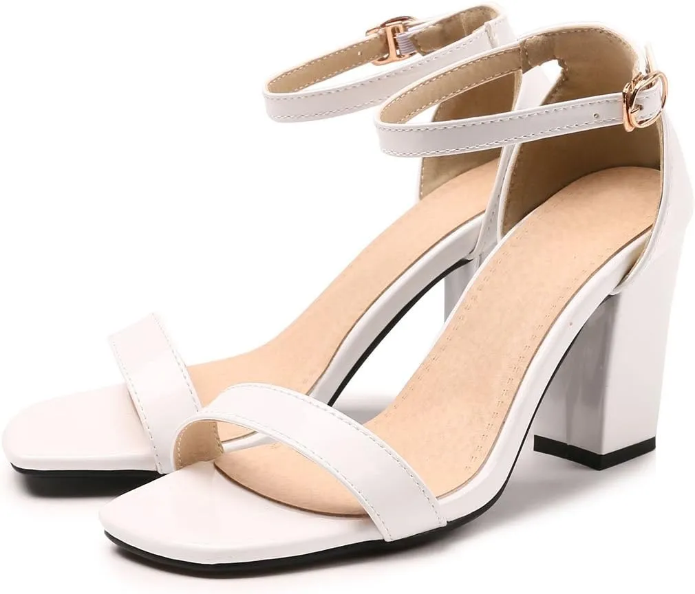 Women's JS45 Light Weight Peep Toe Block Patent-Leather Mid Block Heeled Sandals