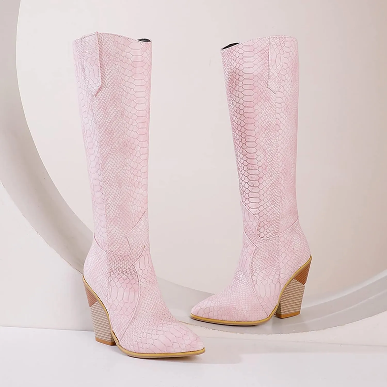 Womens Knee High Snakeskin Boots - Sexy Snake Print Pointed Toe Side Zipper Chunky High Heel Long Boots Casual Trendy Ladies Stack Heels Shoes