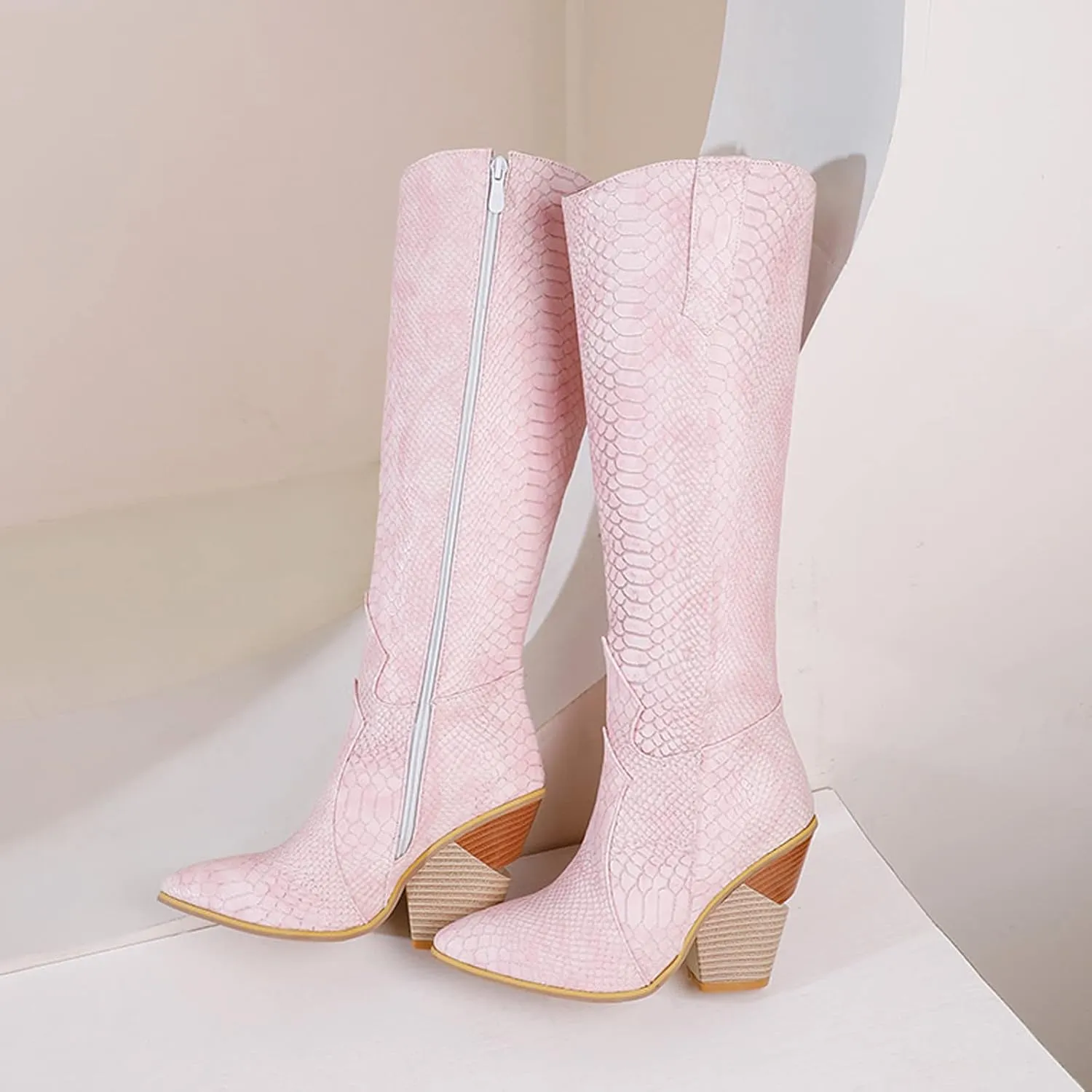 Womens Knee High Snakeskin Boots - Sexy Snake Print Pointed Toe Side Zipper Chunky High Heel Long Boots Casual Trendy Ladies Stack Heels Shoes