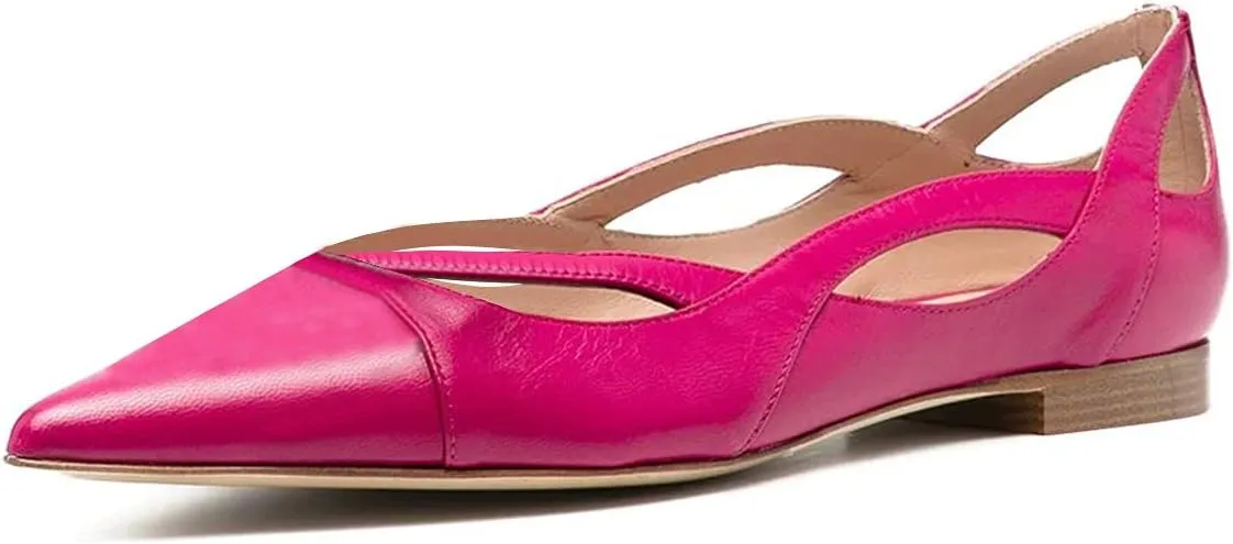 XYD Women Pointed Toe Comfortable Flats Cut Out Curved Real Leather Sandals Easy Walking Low Heel Dress Casual Shoes